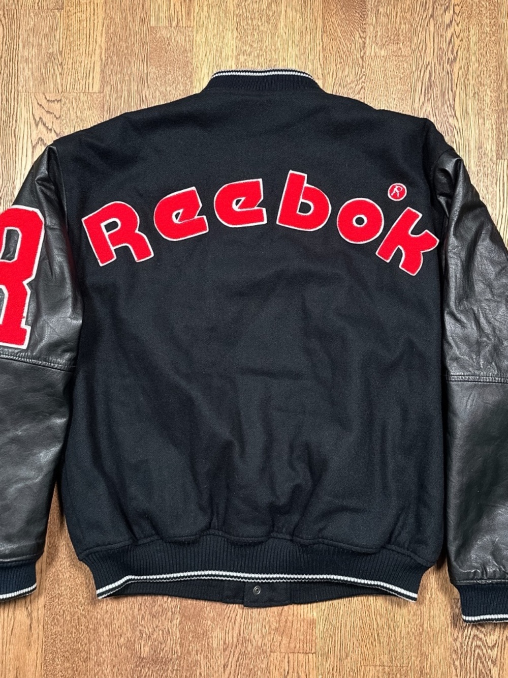 Vintage 90s Reebok Sport Wool Leather Black Varsity Bomber Jacket Mens Large